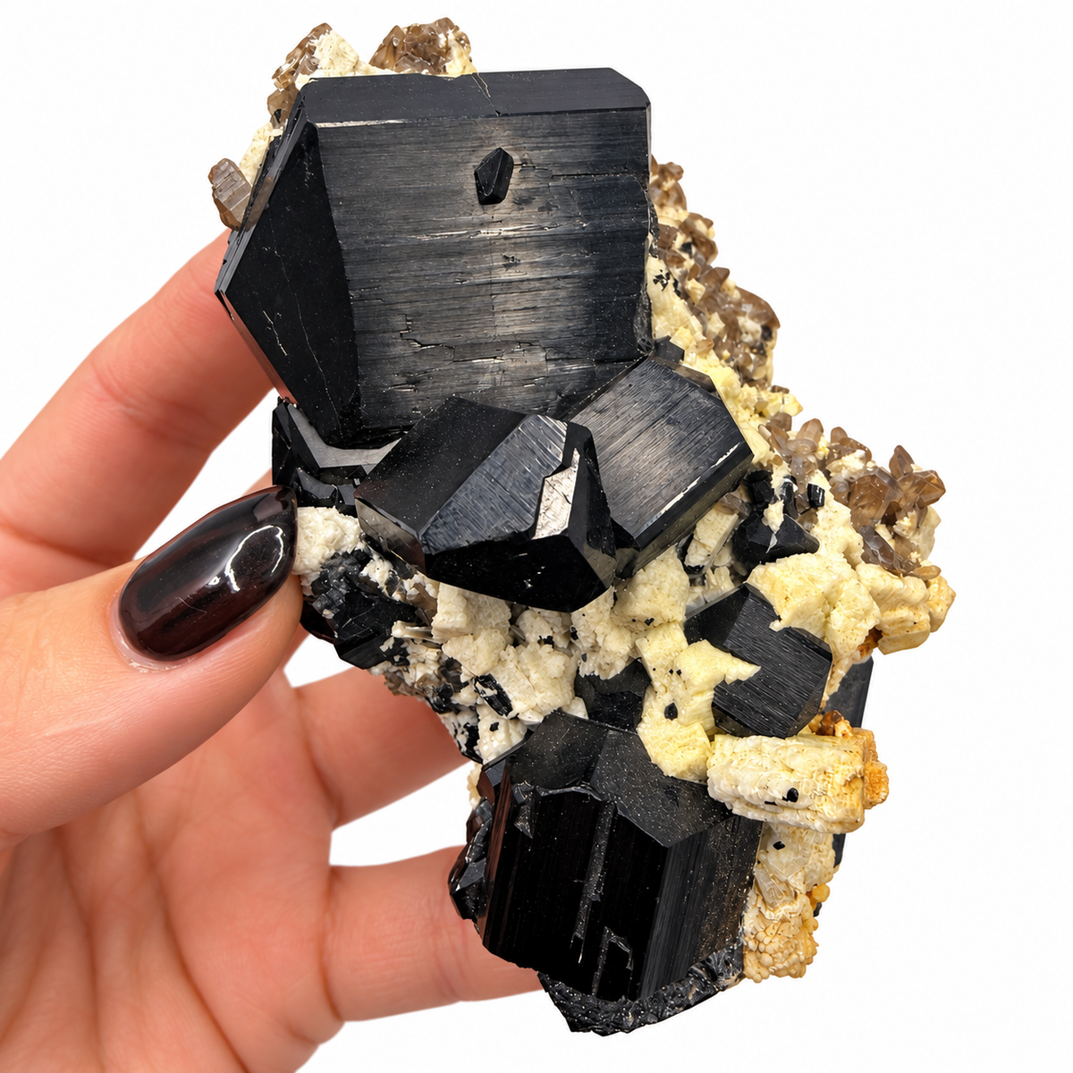Smoky quartz points on cream feldspar between black tourmaline crystals - Magick Souls