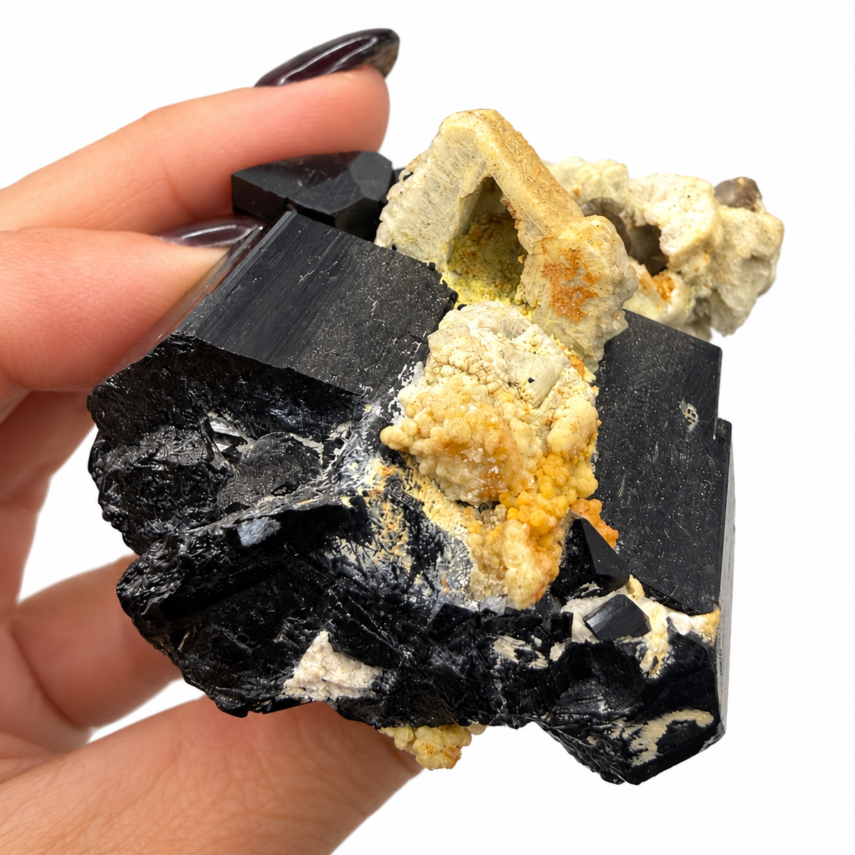 Black tourmaline cluster side view with feldspar matrix - Magick Souls