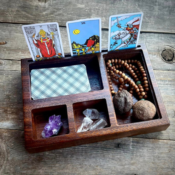 Wooden Tarot Card Holder with Moon Phase Lid Design