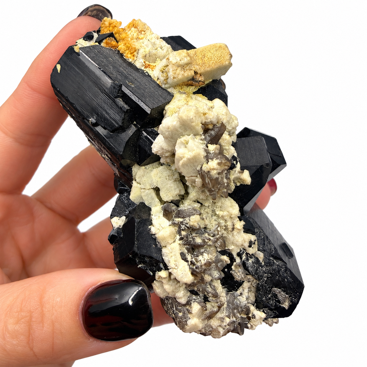 Large black tourmaline cluster with smoky quartz on feldspar from Pakistan - Magick Souls