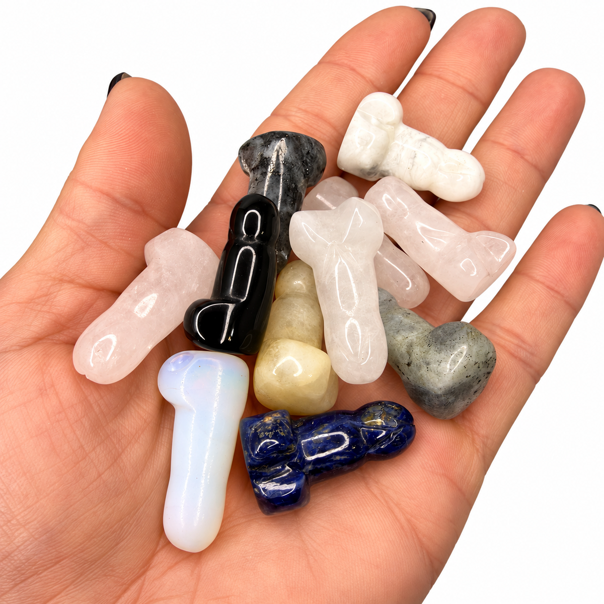 Mini crystal fertility carvings in rose quartz, obsidian, sodalite and opalite - Magick Souls