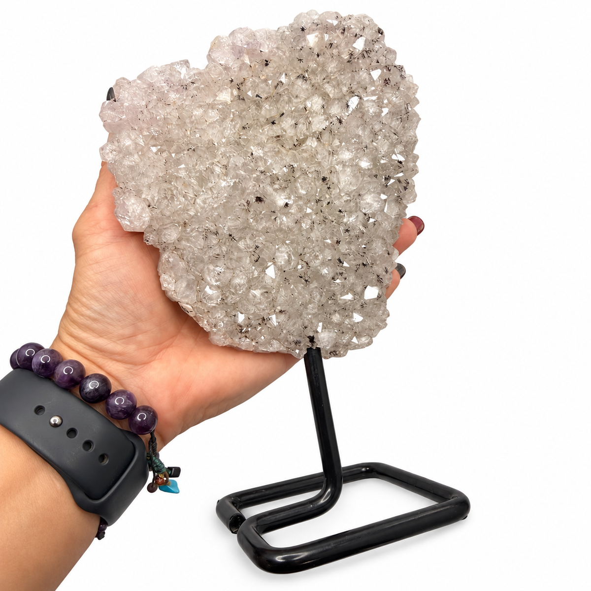 Included quartz and calcite cluster on stand size view - Magick Souls