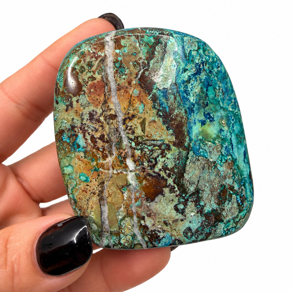 Polished shattuckite freeform from Congo in blue and green, next to a quarter for scale - Magick Souls