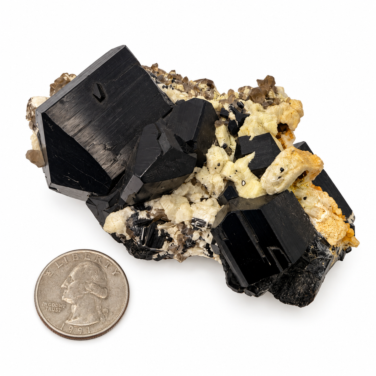 Chunky terminated black tourmaline crystals with deep striations, shown in hand - Magick Souls