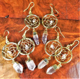 DreamCatcher Earrings Pair (Quartz Crystal)(Gold Plated)(Stainless Steel Hooks) Gemstone Jewelry Supply Jewelry >