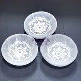 Selenite Crystal Mandala Lotus Engraved Bowl (10cm)(4 Inches) Gemstone Decor Carving Wholesale Supply Home & Living >