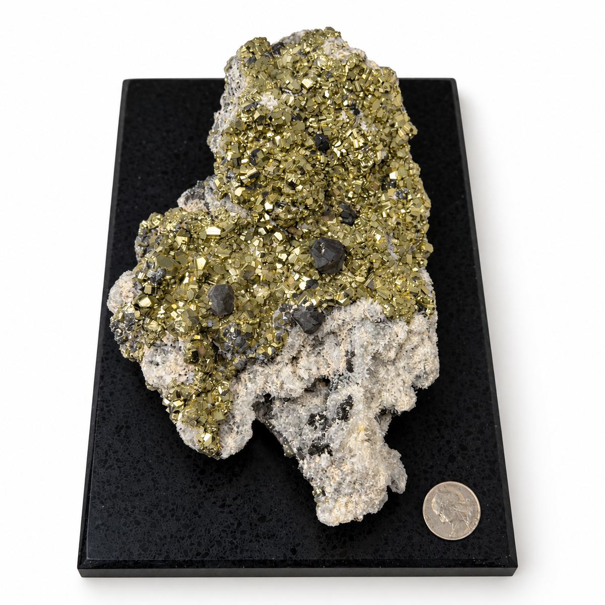 Peruvian pyrite and galena specimen on black display base viewed lengthwise, quarter for size reference