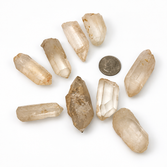 Raw Lithium Quartz crystal points from Brazil in soft peachy pink