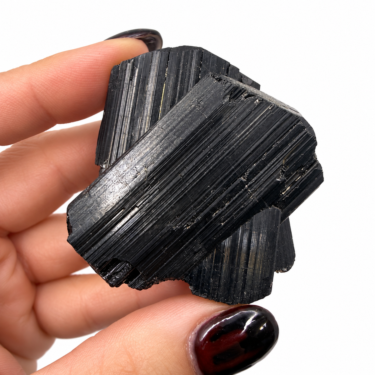 Raw black tourmaline crystal cluster from Brazil next to a quarter for scale - Magick Souls