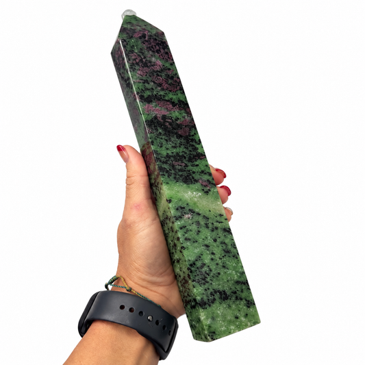 Ruby Zoisite tower showing red ruby crystals and green zoisite pattern
