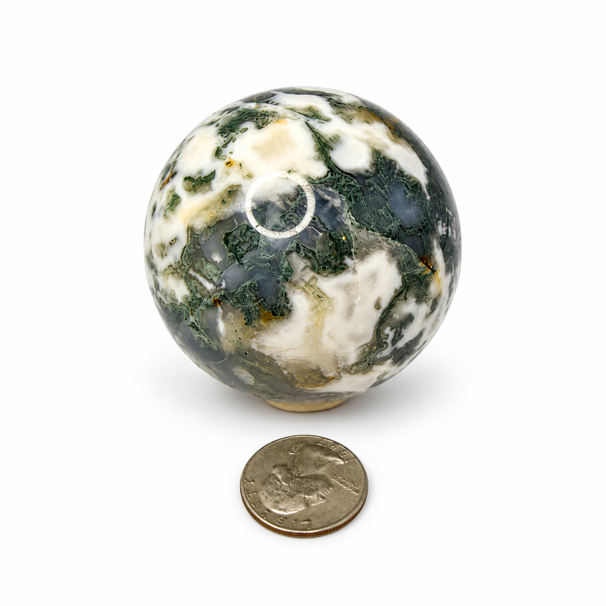 Polished moss agate sphere with green moss patterns on white agate - Magick Souls