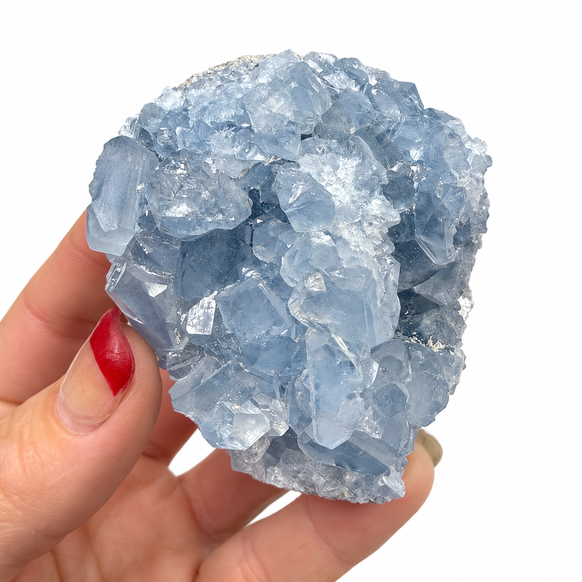 Close-up of delicate blue Celestine crystal points