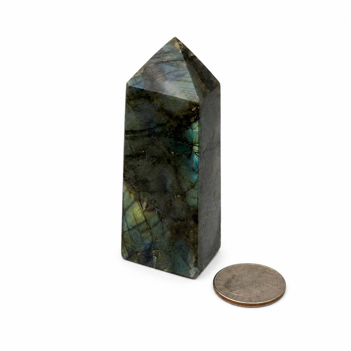 Labradorite crystal point showing blue and green flash - Magick Souls