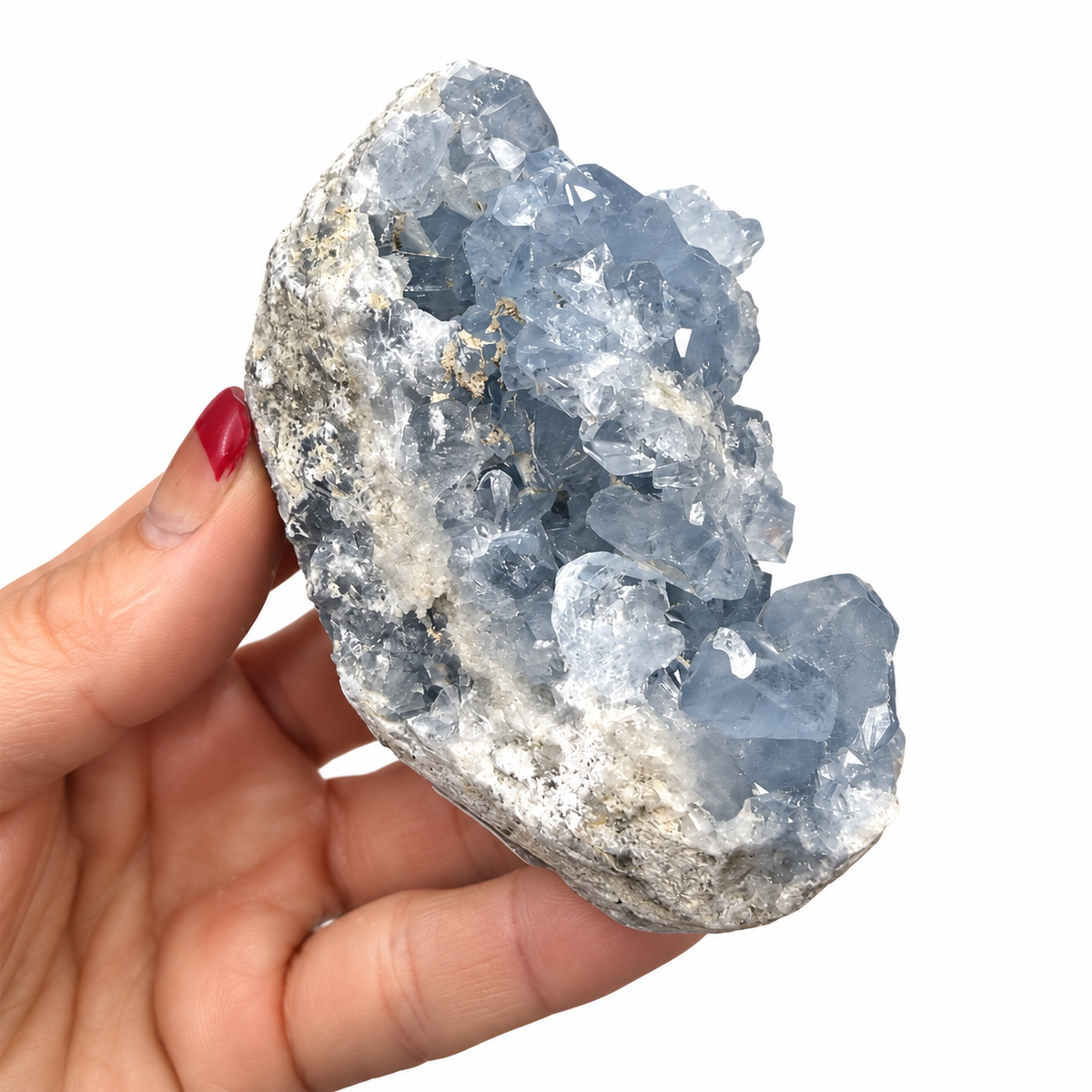 Natural blue Celestite crystal cluster with shimmering points