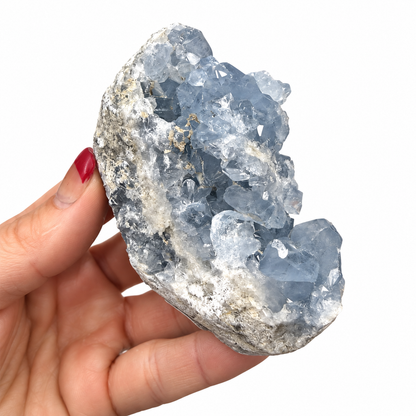 Natural blue Celestite crystal cluster with shimmering points
