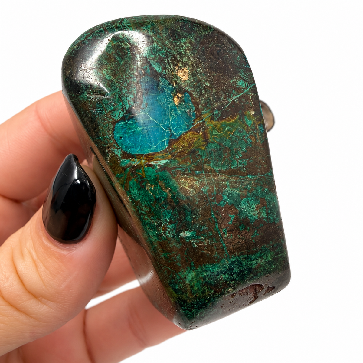 Polished Congo shattuckite freeform in blue and green, next to a quarter for scale - Magick Souls