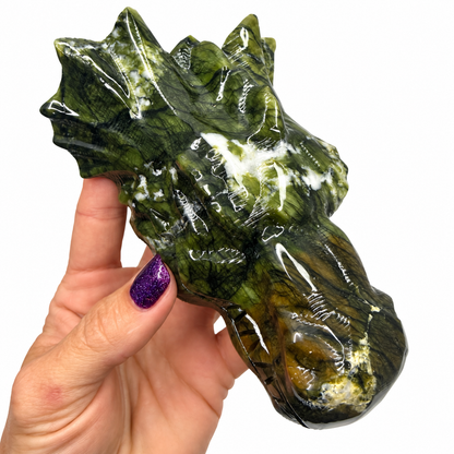 Large Serpentine Jade Dragon Head Crystal Carving