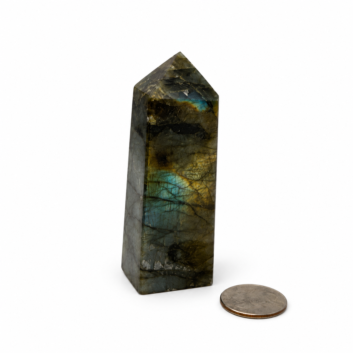 Labradorite crystal point showing blue and golden labradorescence - Magick Souls