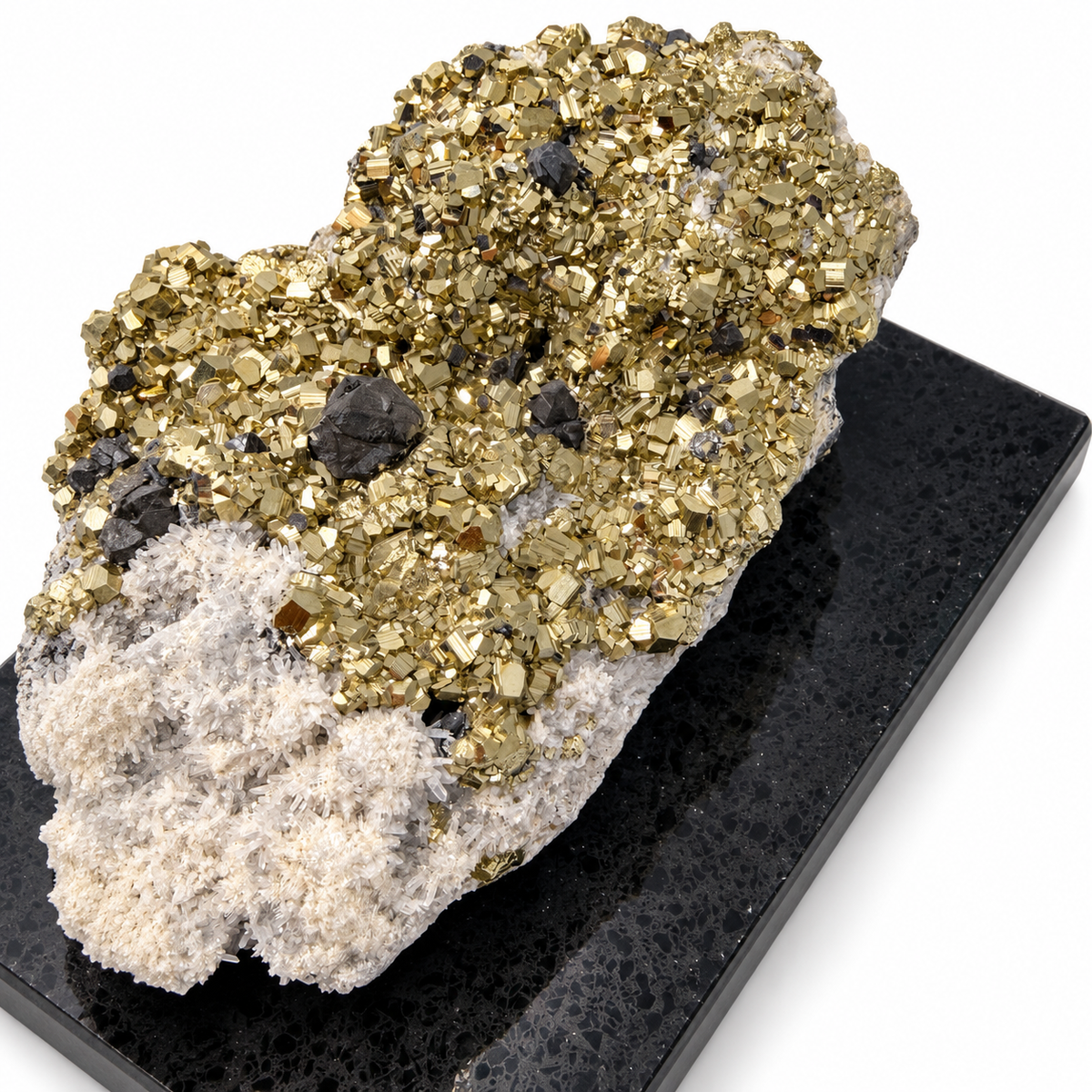 Close-up of pyrite crystal cluster with galena and frosty white quartz on black granite base