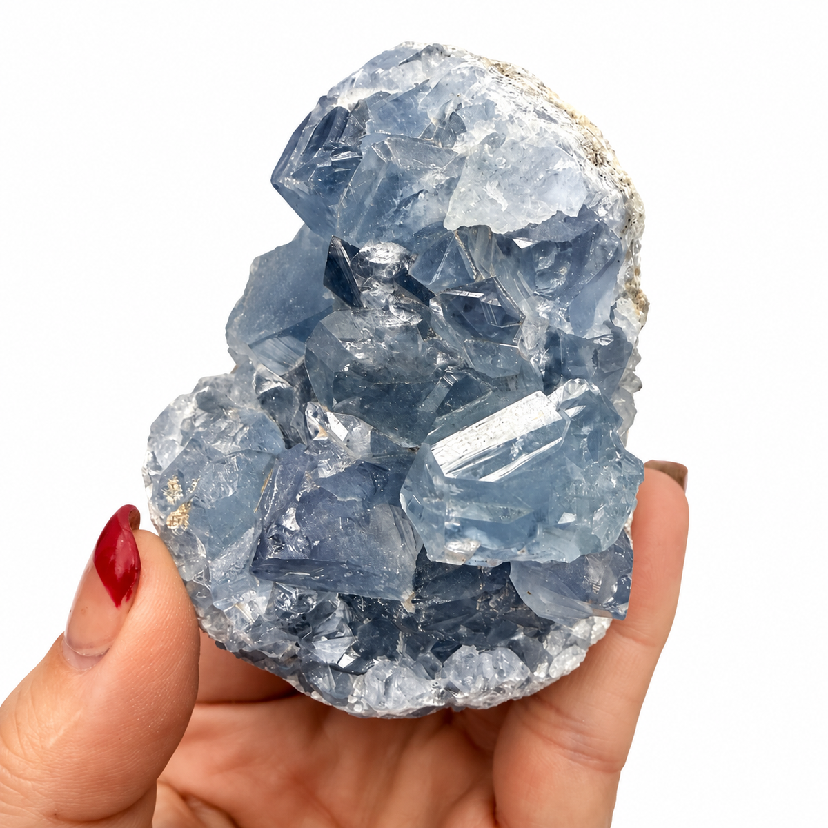 Close-up of light blue Celestine crystal points