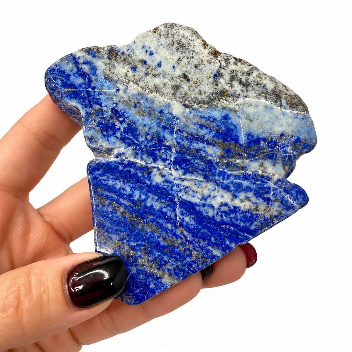 Lapis lazuli polished slab showing blue lazurite, white calcite and golden pyrite - Magick Souls