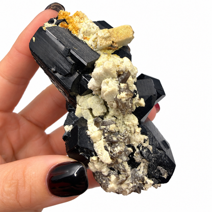 Large black tourmaline cluster with smoky quartz on feldspar from Pakistan - Magick Souls