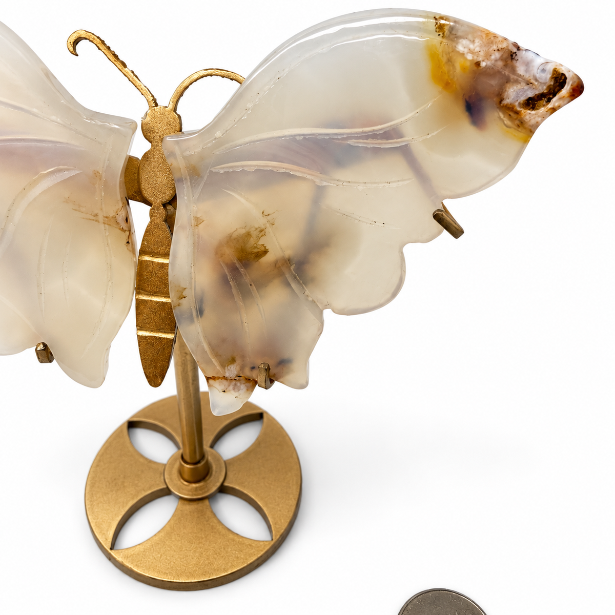 Agate butterfly carving on gold stand, alternate view - Magick Souls