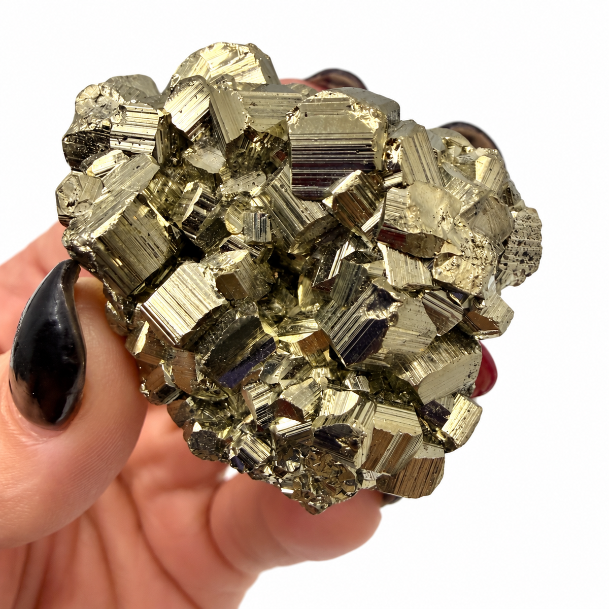 Peruvian pyrite cluster with striated golden cubes, size view with quarter - Magick Souls