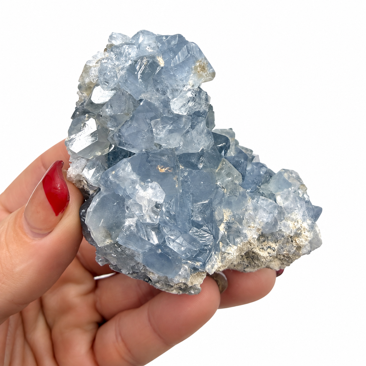 Natural blue Celestite crystal cluster with sparkling crystal points