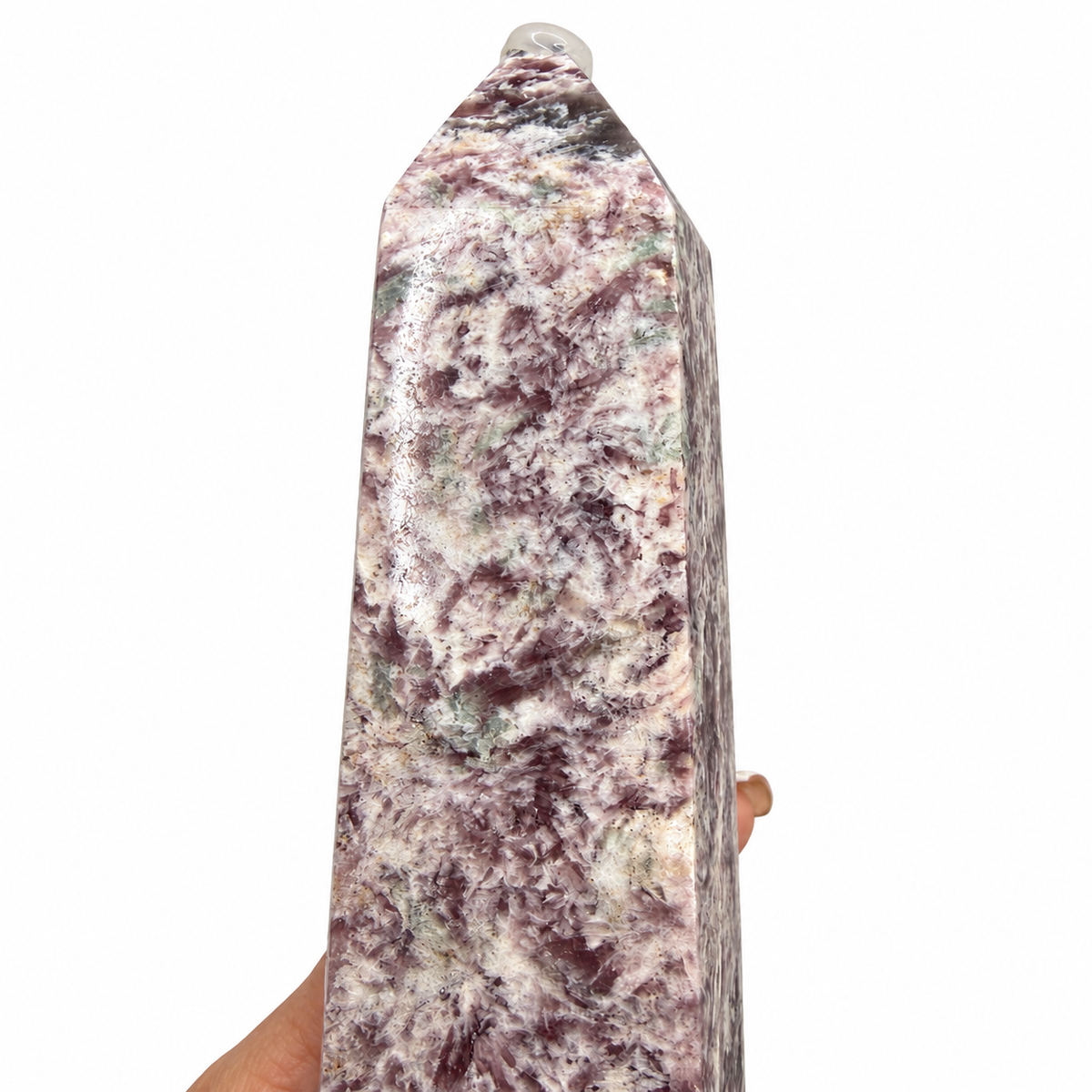 Close-up of pink Tourmaline and black Tourmaline in Unicorn Stone tower