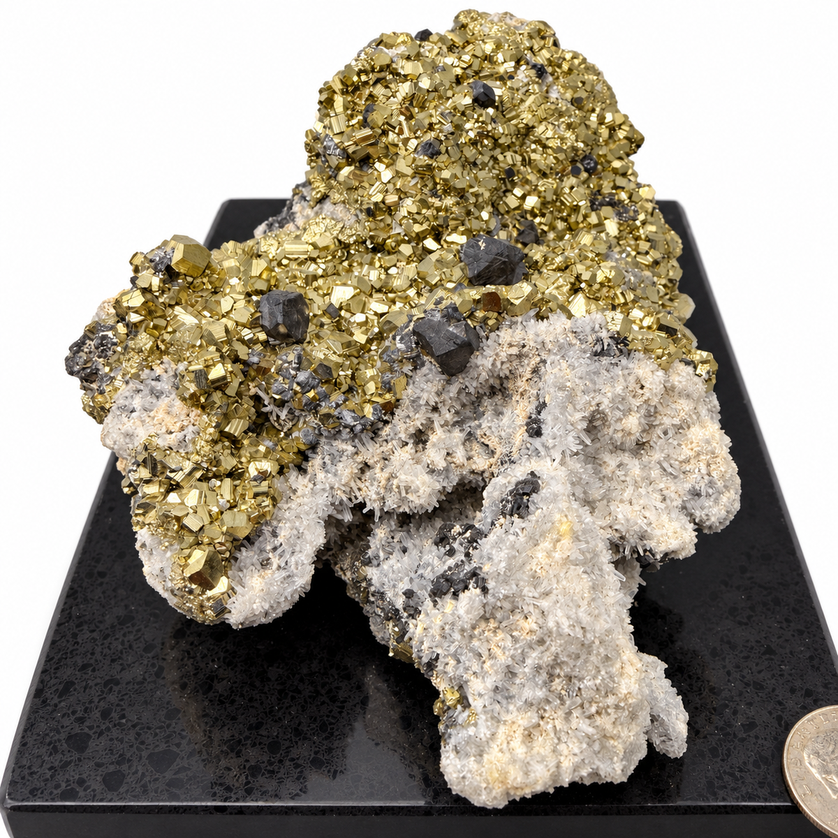 Detail view of Peruvian pyrite crystals with galena in quartz mineral specimen