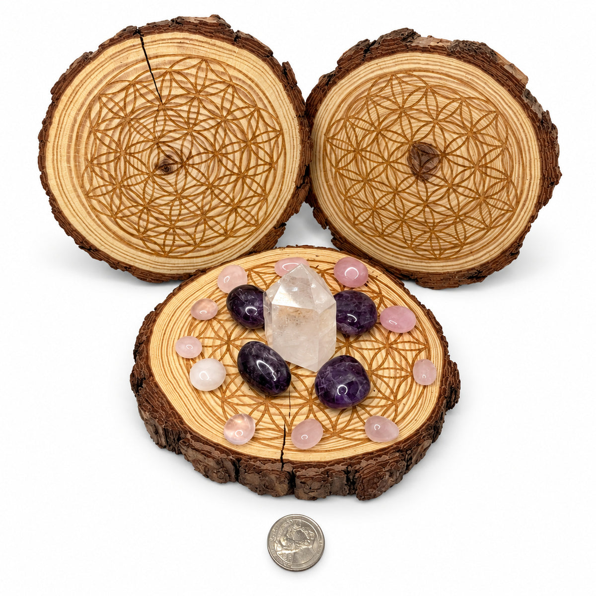 Natural Wood Flower of Life Crystal Grid