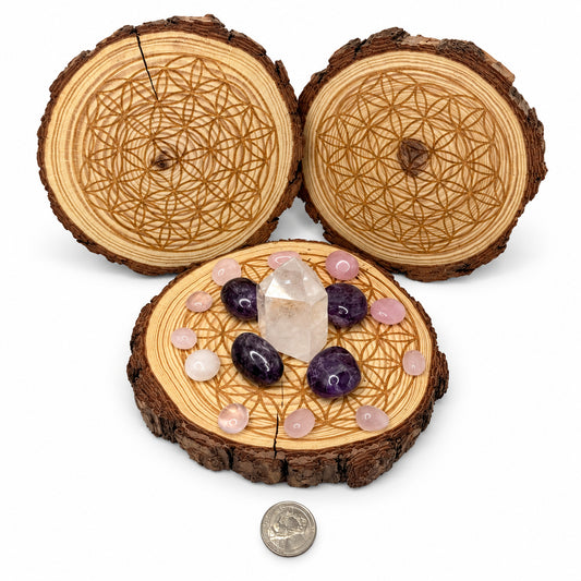 Natural Wood Flower of Life Crystal Grid
