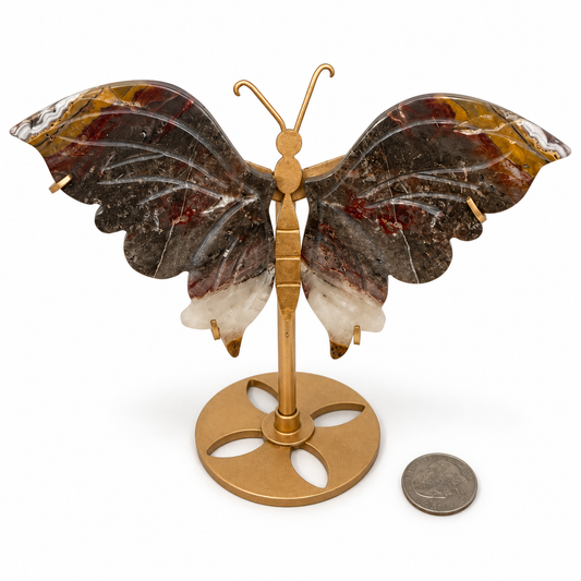 Carved Indonesian agate butterfly wings on gold stand with brown jasper, banded agate and quartz tips, next to a quarter for scale - Magick Souls