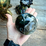 Pyrite and Rare UV Reactive Volcano Agate spheres with God and Goddess stands - Magick Souls