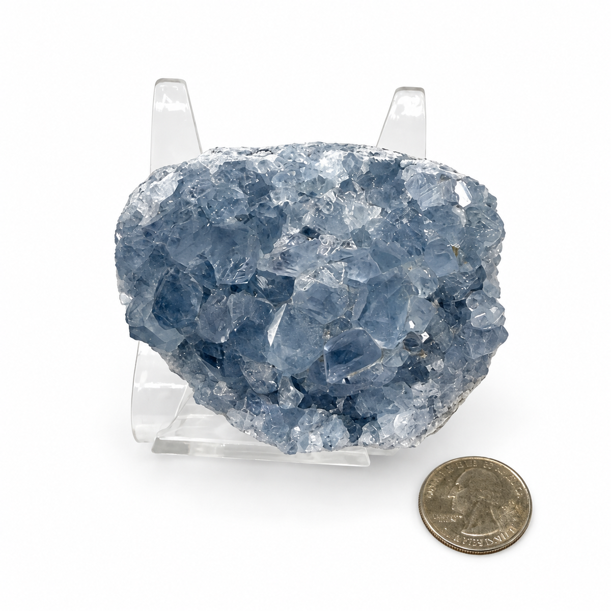 Celestite cluster with a quarter for size reference