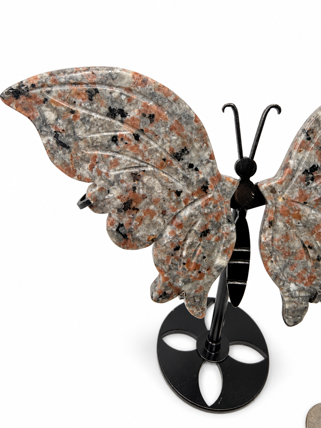 Jasper crystal butterfly wings close-up showing speckled gray, rose and black stone - Magick Souls