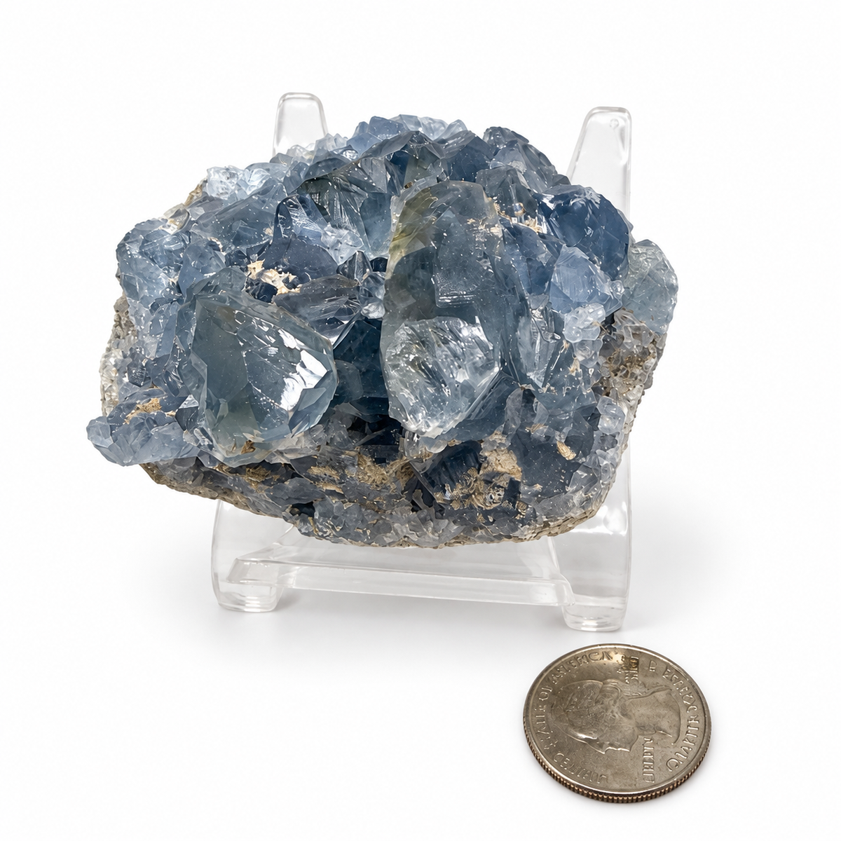Close-up of blue Celestine crystal points on the cluster