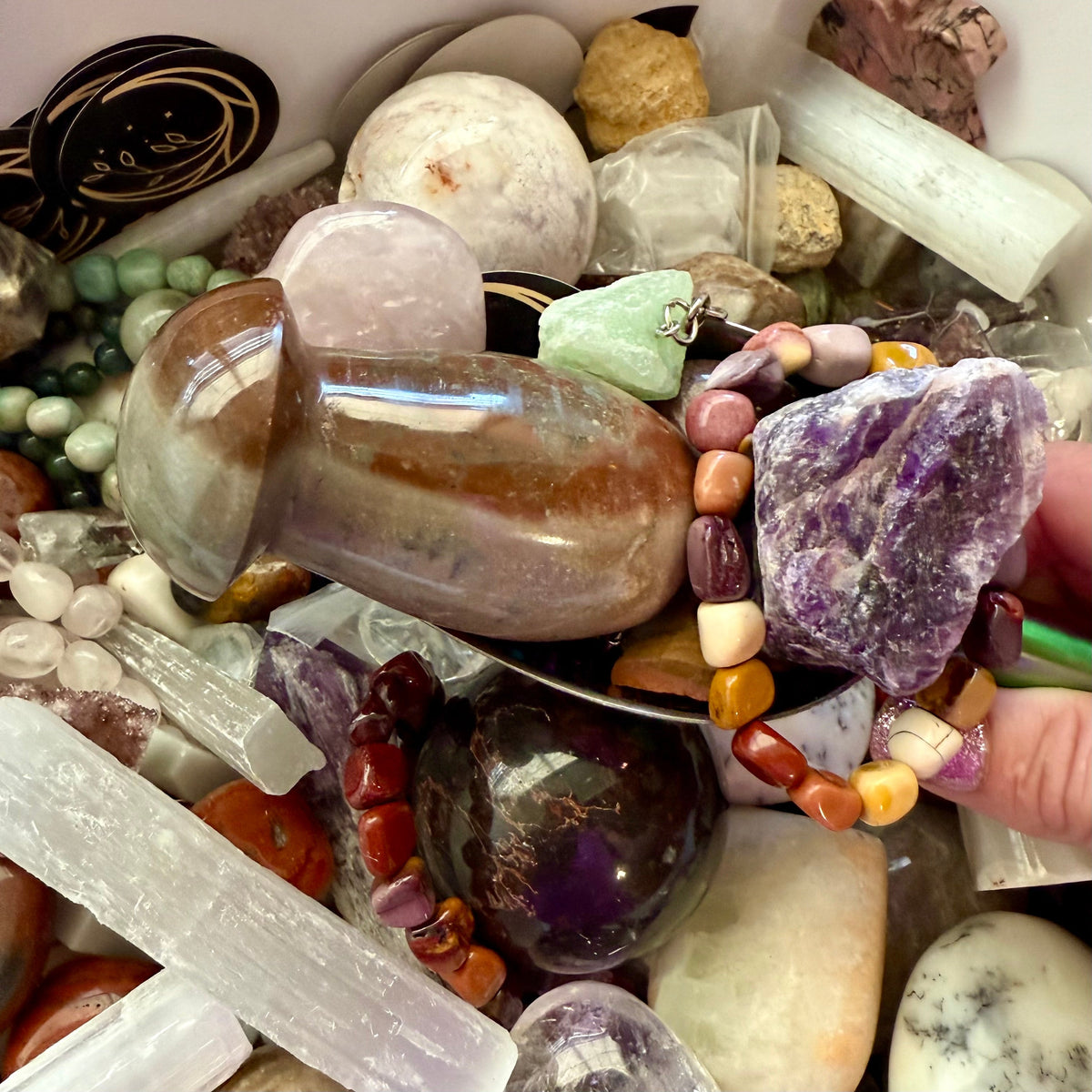 Premium Crystal Confetti Scoop with mixed crystals, spheres, towers and gemstone jewelry - Magick Souls