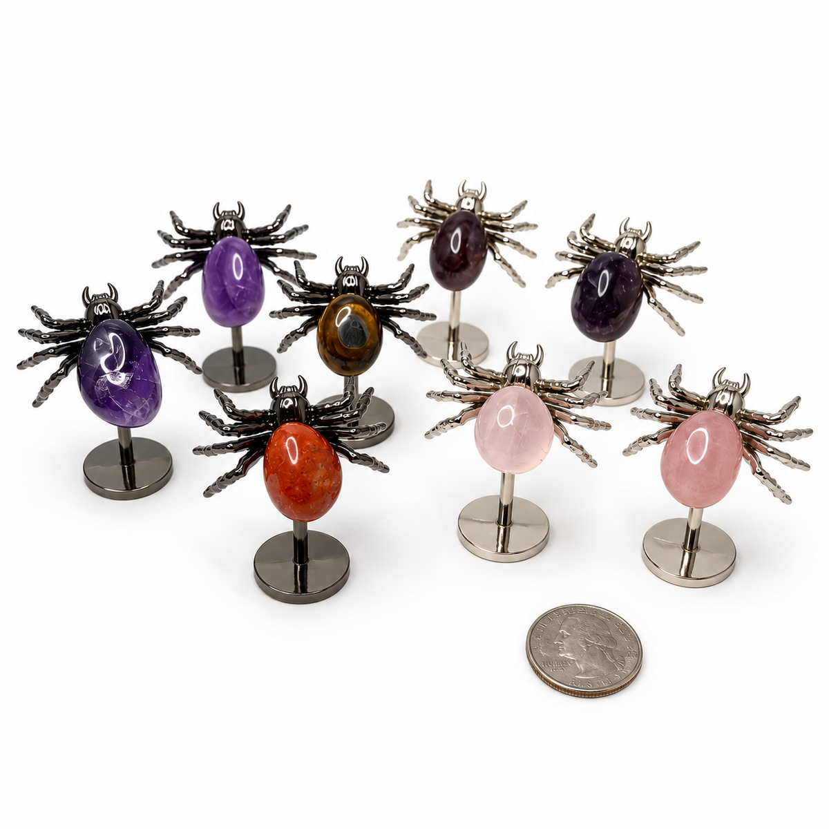 Tumbled gemstone spider figurine on silver or black metal stand - Magick Souls