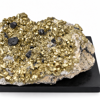Side detail of pyrite, galena and quartz mineral specimen from Peru