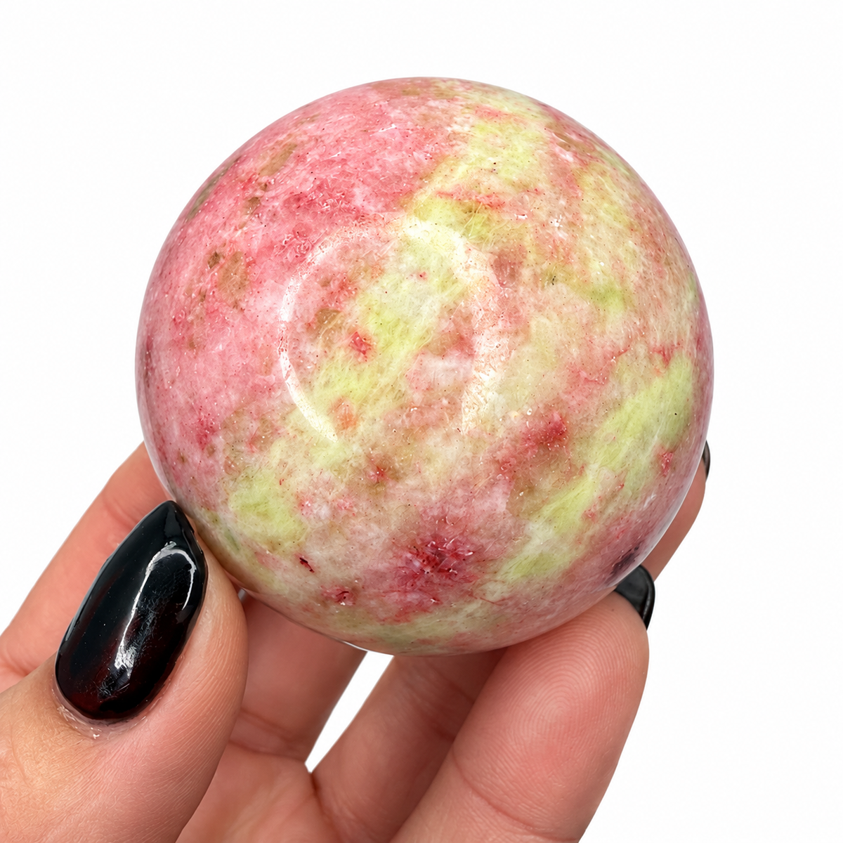 50mm pink zoisite sphere size view with quarter - Magick Souls
