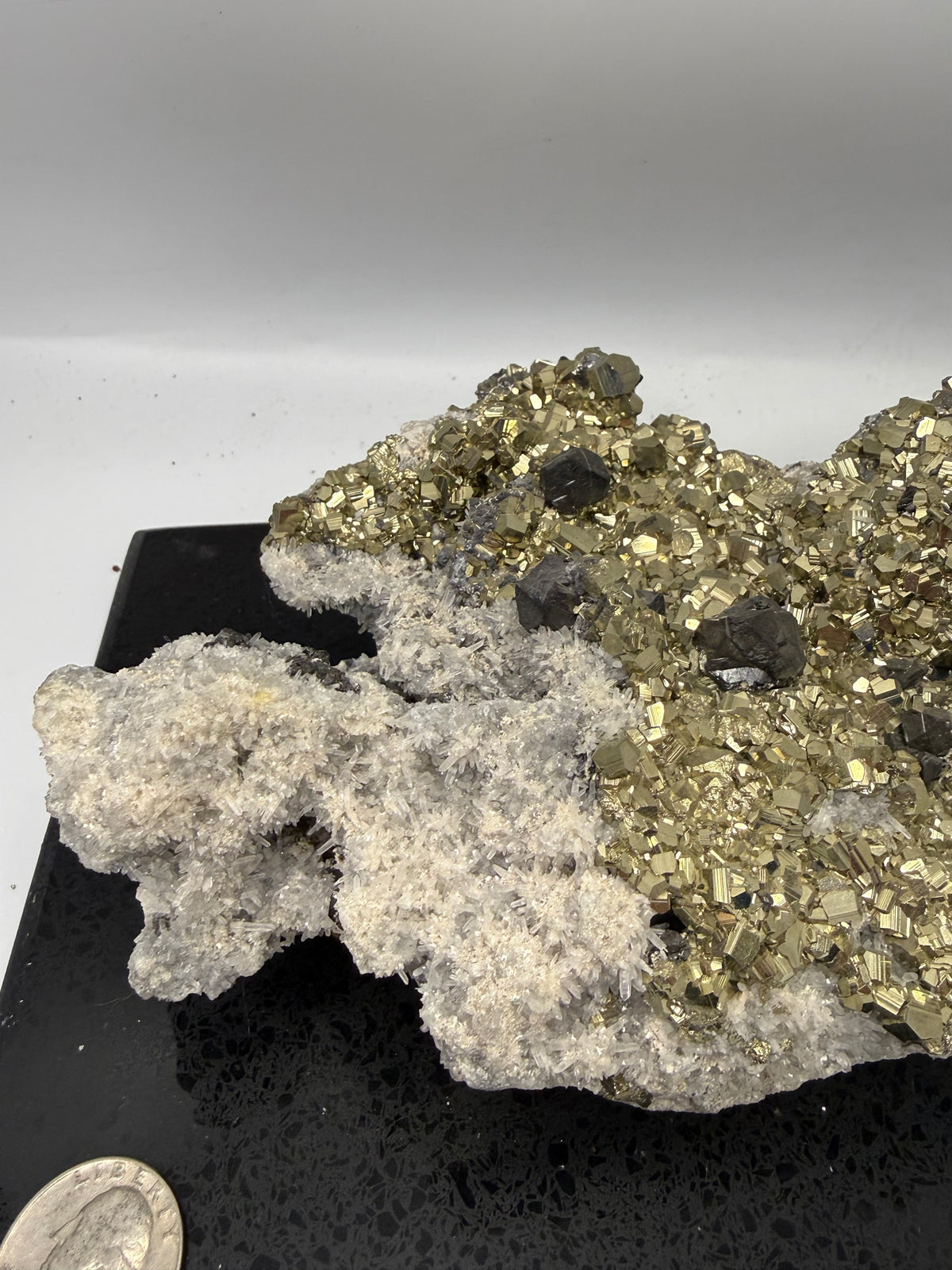 Large Grade AAA Peruvian pyrite with galena in quartz specimen mounted on display