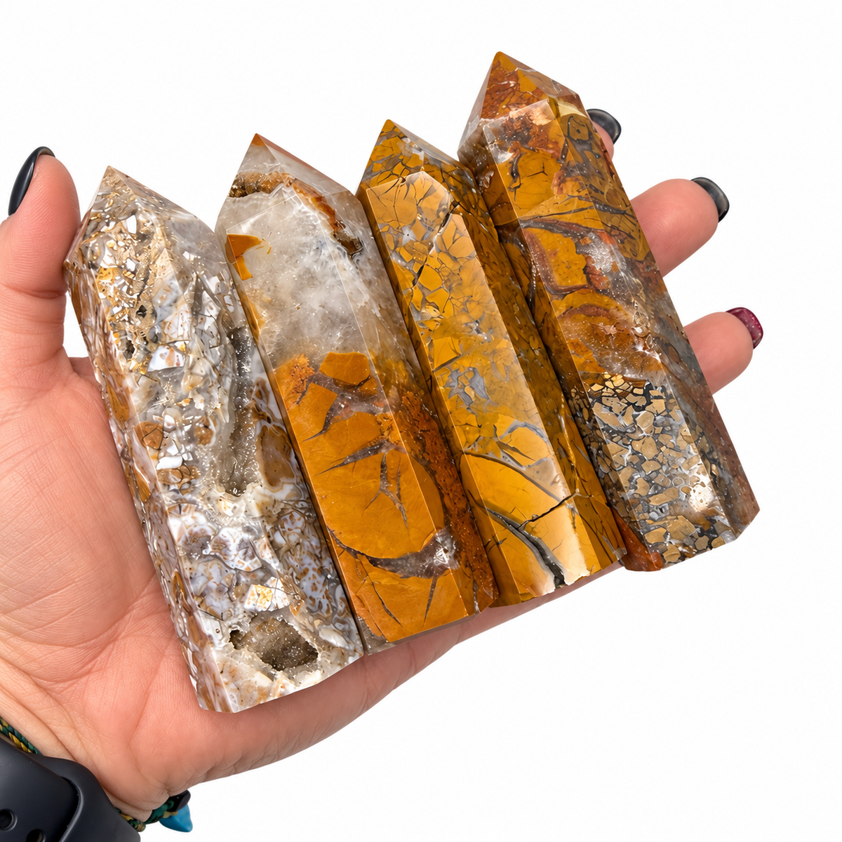 Indonesian agate tower with golden jasper, clear quartz and druzy pockets - Magick Souls