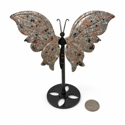 Carved jasper butterfly wings on black metal butterfly stand, next to a quarter for scale - Magick Souls