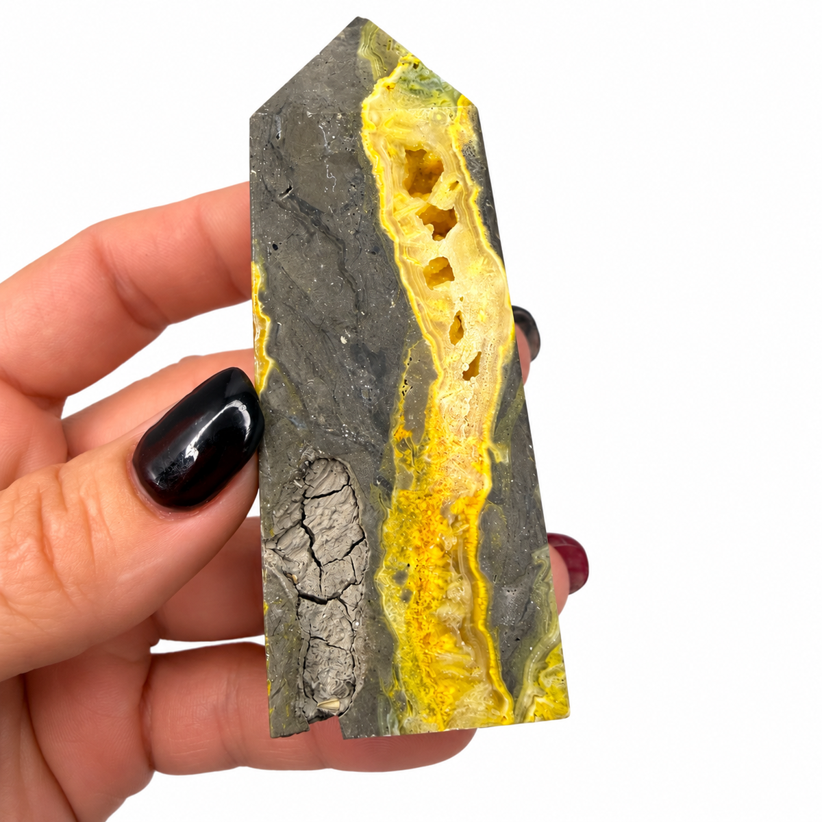 Bumblebee jasper tower with lemon-yellow and charcoal banding - Magick Souls