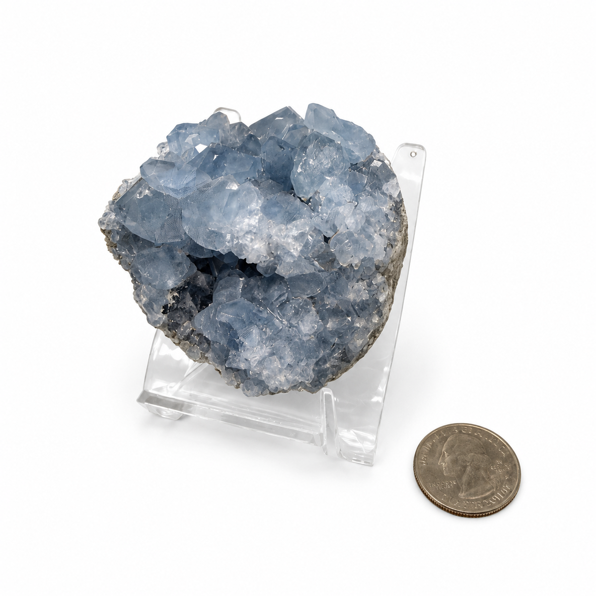 Celestite crystal cluster shown beside a quarter for scale