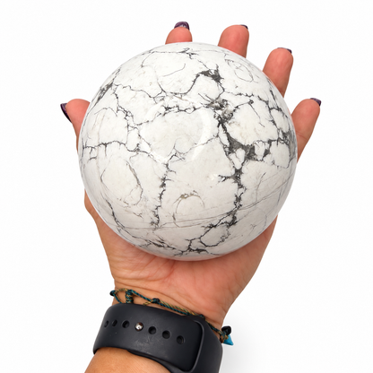 100mm white howlite sphere with gray veining on carved wooden stand - Magick Souls