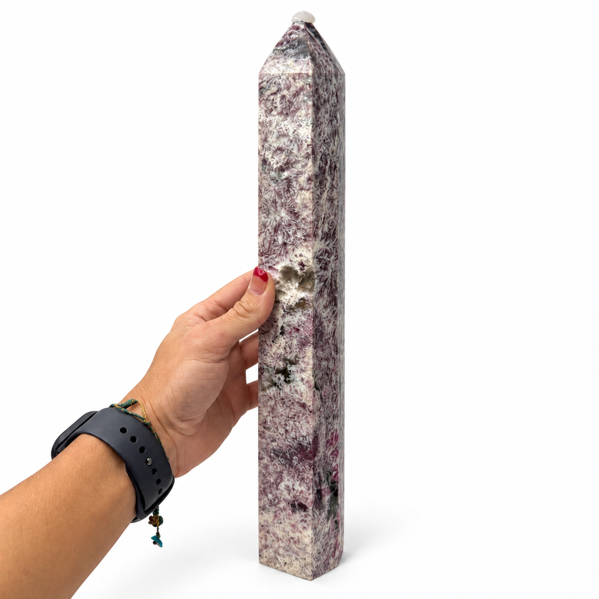 14 inch Unicorn Stone crystal tower with pink tourmaline and lepidolite held in hand