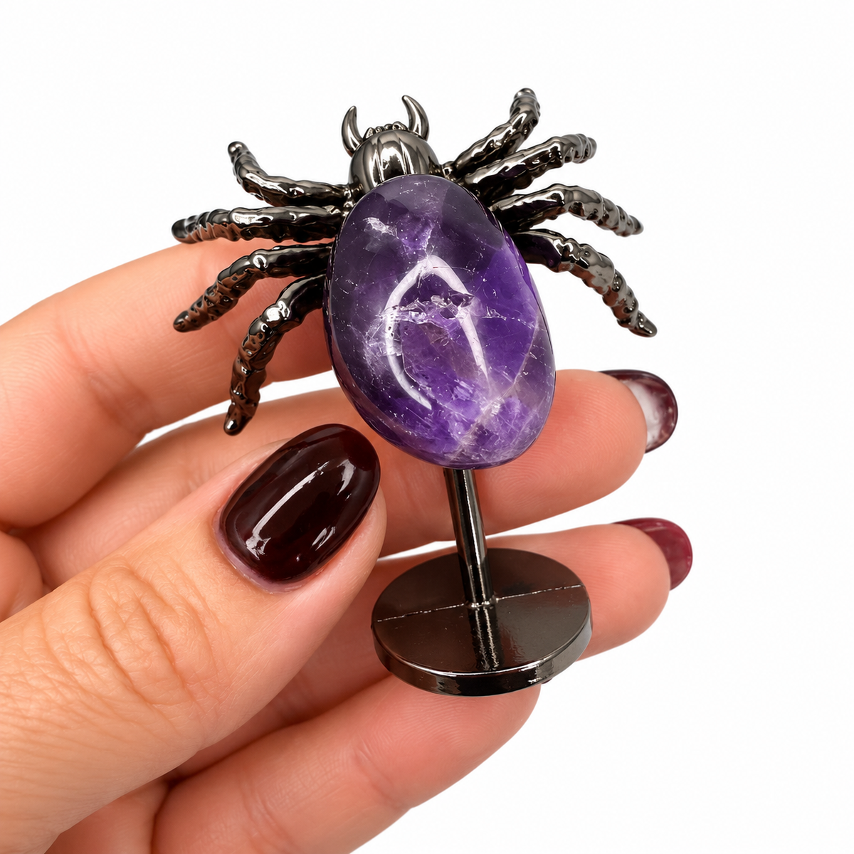 Crystal spider figurines with rose quartz, amethyst, carnelian and tiger eye on metal stands - Magick Souls
